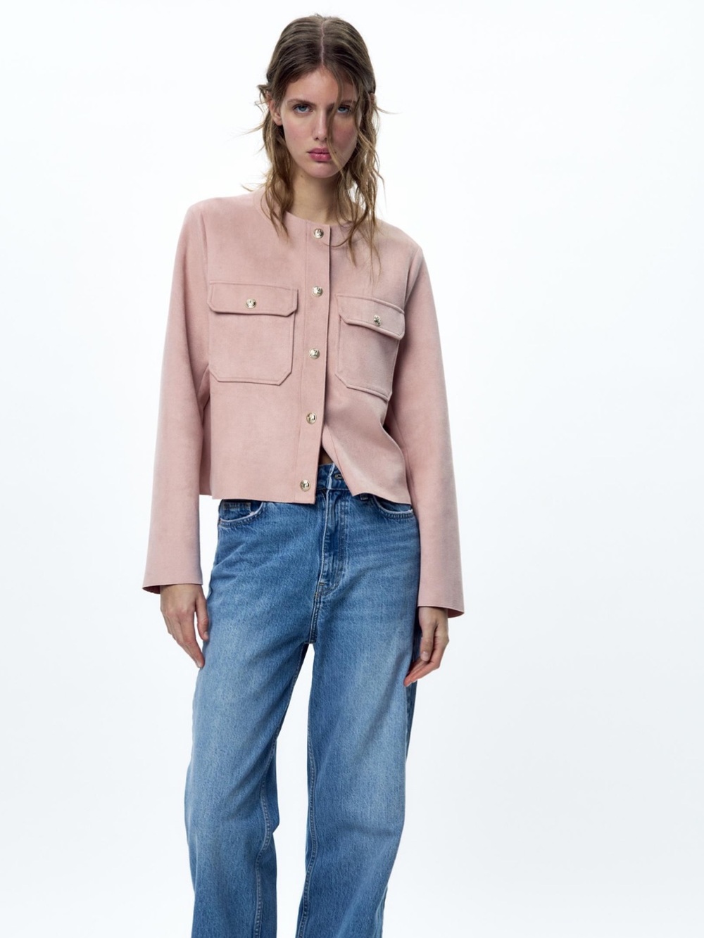 Zara Faux Suede Short Jacket in Pale Pink